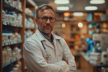 Obraz premium Generative AI Image of Pharmacist at Work in a Pharmacy, medication sphere, meds prescription
