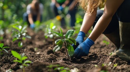 Fototapeta premium Planting for the Future: A Woman Kneels in a Garden, Carefully Planting a Sapling