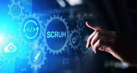 SCRUM, Agile development methodology, programming and application design technology concept on virtual screen.
