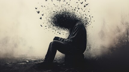 Obraz premium Solitude and Dissolution Concept - Artistic Depiction of Mental Health Struggles Through a Man with a Fragmenting Head, Symbolizing Anxiety, Depression, and Inner Turmoil