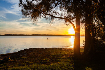 Sunset over lake with silhouetted trees beside peaceful water
