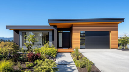 シンプルな日本の平屋住宅、戸建て住宅 車庫付き