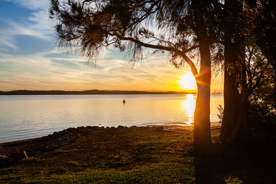 Sunset over lake with silhouetted trees beside peaceful water
