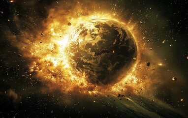 A fiery explosion engulfs a planet in space, representing destruction and chaos.