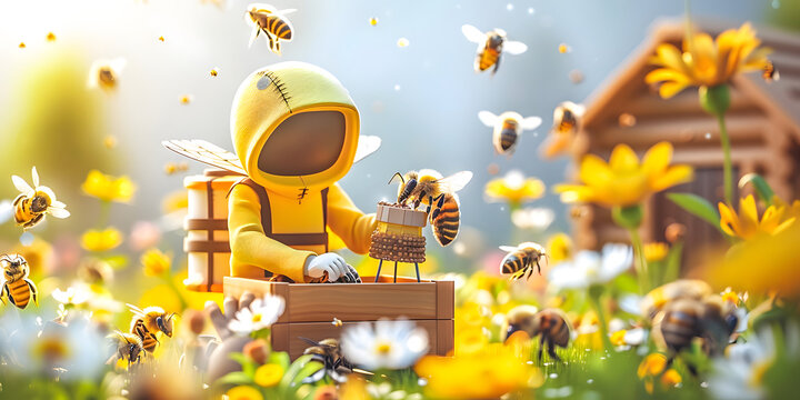 Futuristic Beekeeper in Protective Suit with Bees