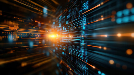 Dynamic digital lines and glowing lights create futuristic atmosphere, representing technology and data flow