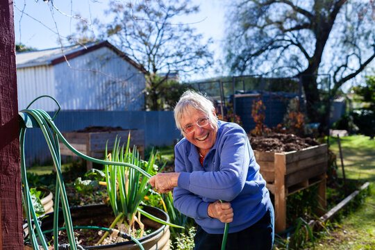 Smiling Aussie woman in her eighties working in garden at home