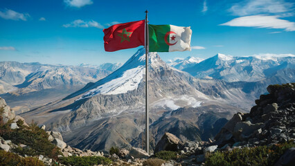 Moroccan and Algerian flags soaring atop a snow-capped mountain, with clear blue skies and rugged mountain scenery all around.