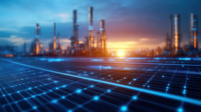 Industrial landscape at sunset with digital grid overlay, showcasing technology and innovation in energy production. vibrant scene of progress and modernity
