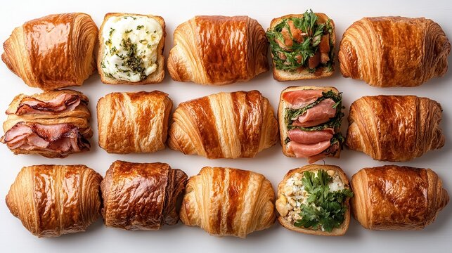 A delightful array of freshly baked croissants arranged for sale, featuring various fillings and a golden-brown flaky crust, perfect for any breakfast or brunch.