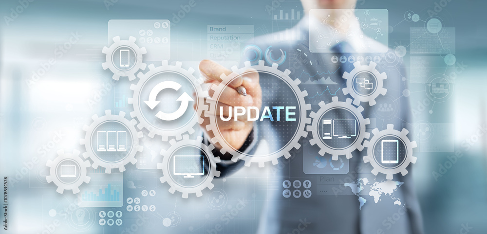 Poster update system upgrade software version technology concept on virtual screen.