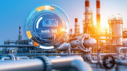 futuristic industrial site with digital data overlay, showcasing advanced technology and energy efficiency. scene captures essence of modern industry and innovation