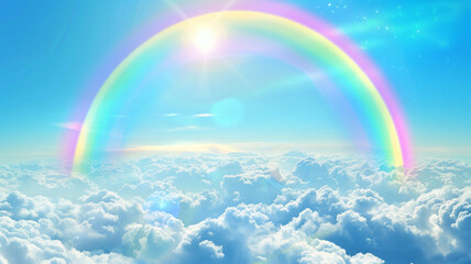 Sky with clouds and rainbow background pattern. Decorative horizontal banner. Digital artwork raster bitmap illustration. AI artwork.	