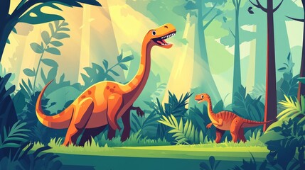 Fun Cartoon Dinosaurs in a Lively Jungle Scene
