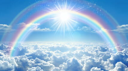 Sky with clouds and rainbow background pattern. Decorative horizontal banner. Digital artwork raster bitmap illustration. AI artwork.	