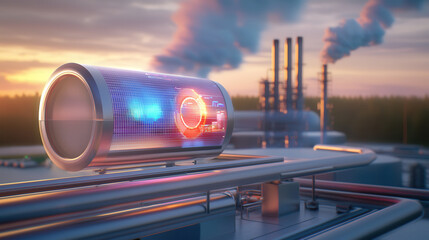 vibrant industrial scene featuring futuristic cylindrical device illuminated by colorful lights, set against backdrop of smokestacks and beautiful sunrise