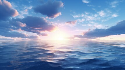 Obraz premium Sky with clouds over the sea, sunrise or sunset background pattern. Decorative horizontal banner. Digital artwork raster bitmap illustration. AI artwork. 