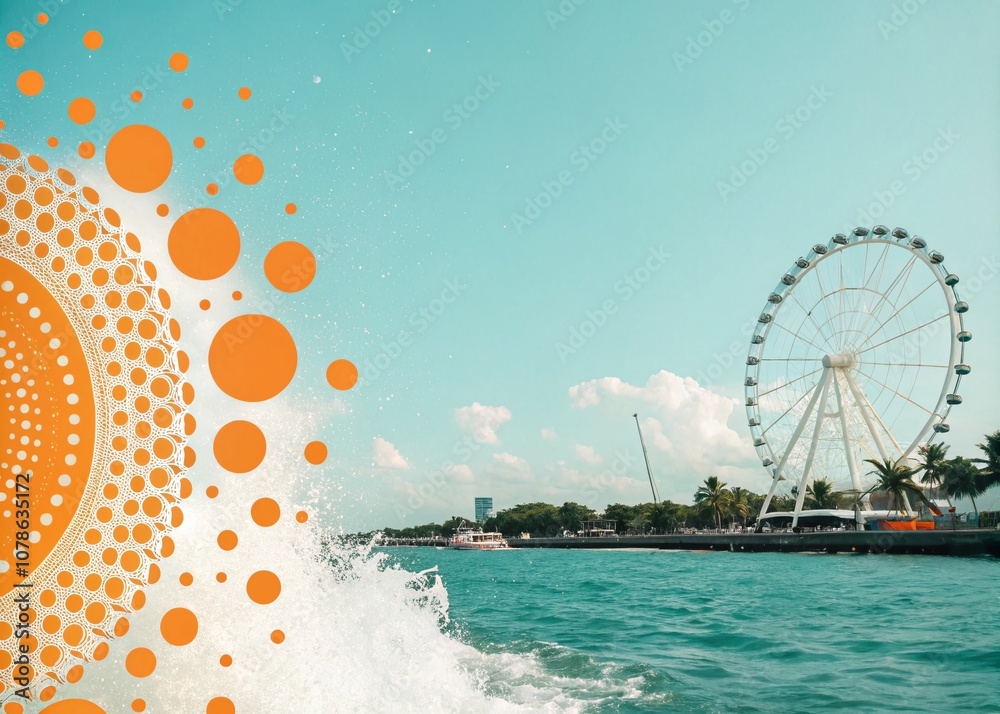 Aufkleber vibrant rotating orange circles and dots on a cyan background creating a dynamic visual experience w