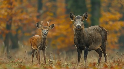 Obraz premium Two deer standing in an autumn forest.