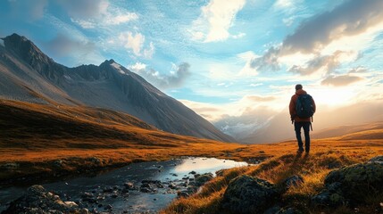 Fototapeta premium Solitary Hiker in Majestic Valley with Snow-Capped Mountains and Reflective Stream at Sunset, Capturing the Spirit of Adventure, Solitude, and Connection with Nature's Beauty