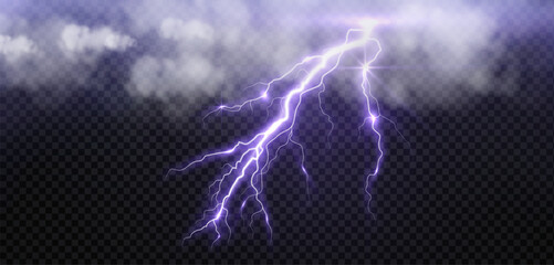 lightning strike and clouds, bright realistic lightning effect in a storm with flash and glow on isolated background