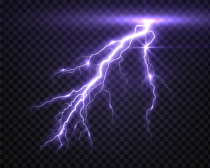 lightning strike, bright realistic lightning effect with flash and glow on isolated background