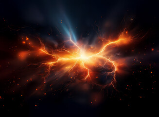 A fiery explosion in space with streaks of blue lightning branching outward from the center.