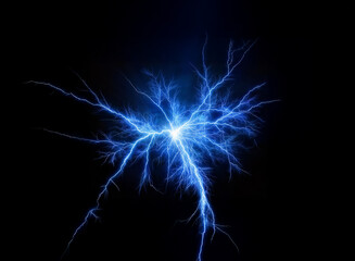 A bright blue electric discharge glows against a dark background.