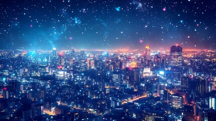 Fototapeta premium Anime fantasy city skyline with glowing lights and futuristic buildings