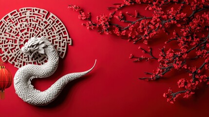 Chinese new year. A white dragon is on a red background
