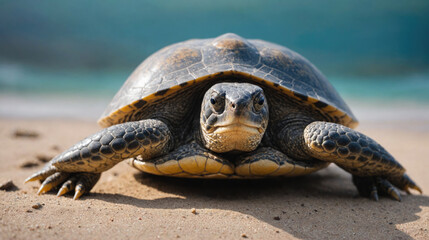Fototapeta premium A turtle crawls on the beach near the ocean