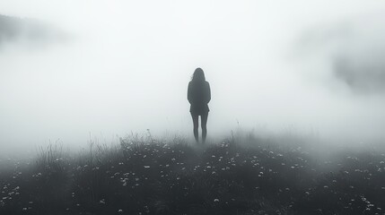 Silhouette of a Lone Figure Standing in a Misty Field, Surrounded by Dense Fog, Conveying Deep Emotions of Solitude, Melancholy, and Inner Reflection in a Somber Landscape