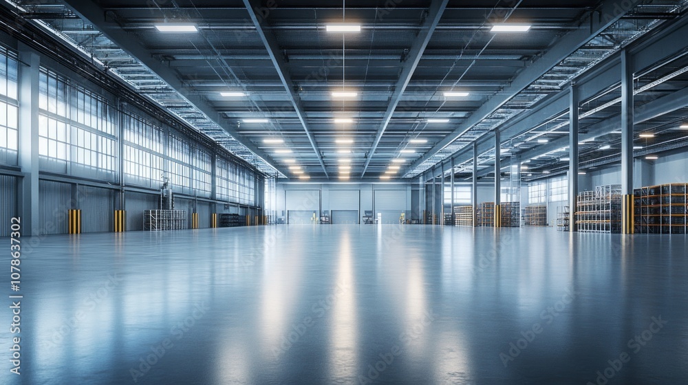 Poster a large, empty warehouse with a lot of empty space
