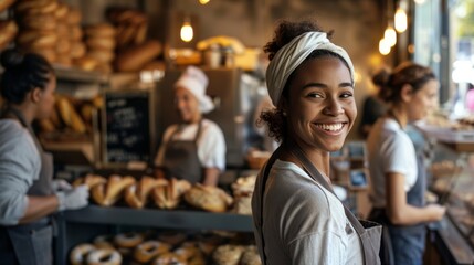 Obraz premium Diverse Team of Female Bakers in Welcoming Bakery Atmosphere Creating Fresh Pastries and Bread