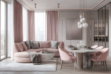 ピンクとグレーで彩られたモダンなダイニングとリビングルーム | Modern Dining and Living Room in Pink and Gray Tones