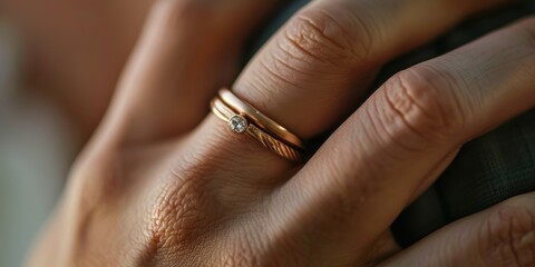 Fototapeta premium Close-up of a hand with a ring, symbolizing a troubled relationship or separation, highlighting issues of mental health and the end of a partnership