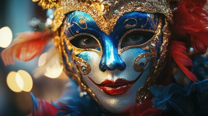 A close-up of a person wearing an ornate mask, highlighting intricate details and vibrant colors.