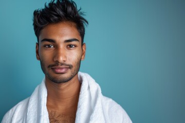 Obraz premium Portrait of a man in a bathroom robe post-shower, focusing on skincare and facial hygiene as part of his self-care routine and wellness treatment