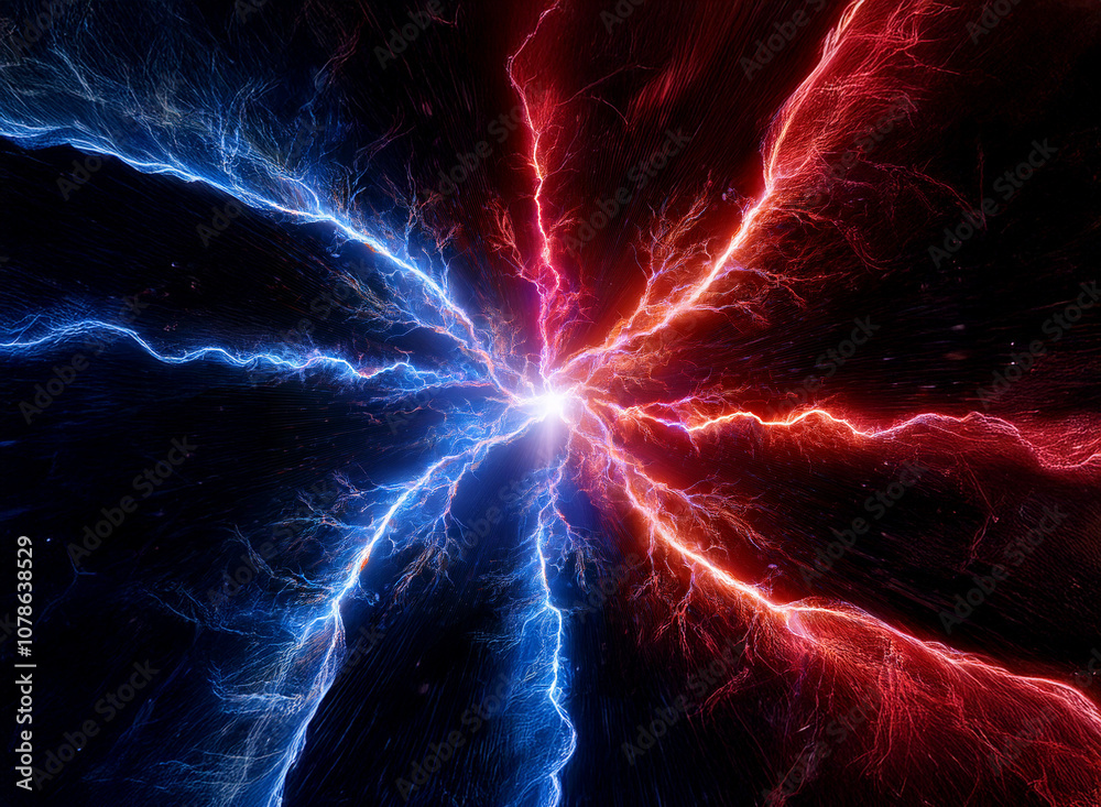 Aufkleber abstract digital art depicting blue and red lightning emanating from a central point.