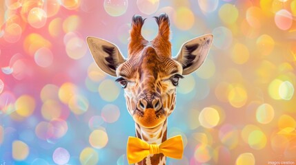 Giraffe in a bow tie against a yellow backdrop. Imaginative promotional idea