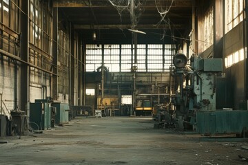 Fototapeta premium A dusty, abandoned warehouse filled with old machinery and cobwebs hanging from the ceiling, with ample copy space to convey themes of industrial decay and forgotten labor.