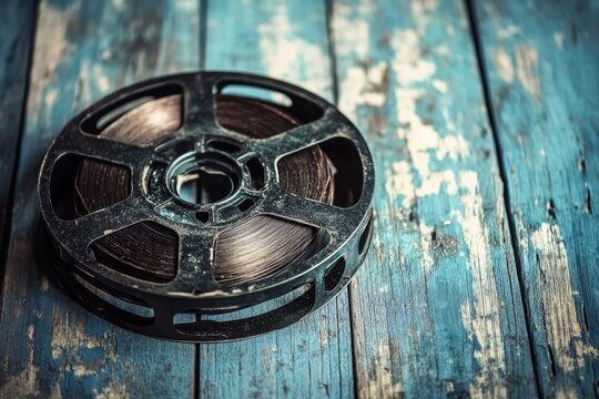 A dusty film reel on a wooden table with abundant copy space, representing old memories and the golden age of cinema, perfect for vintage and retro themes.