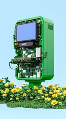 In harmony with nature, a futuristic quantum computer stands in a sunlit meadow.