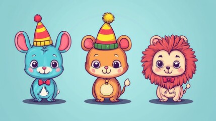 Obraz premium Adorable Cartoon Animals in Party Hats
