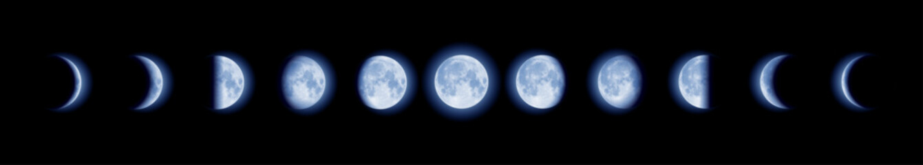 Blue Moon phases in a Dark Sky. All Phases from New to Full and New Moon. Full Cycle illustration set