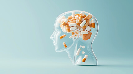 Transparent human head filled with various colorful pills on a light blue background, representing concepts of medicine, mental health, and pharmacology.