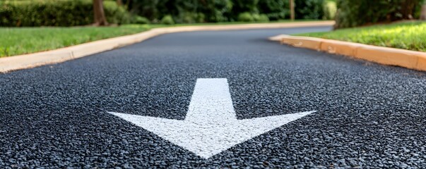 Clear Directional Arrow on Freshly Paved Asphalt Road - Right Turn Sign at Roundabout with Natural Wear and Daylight Clarity