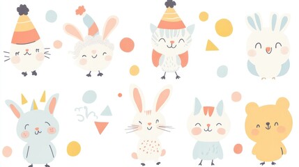 Cute Animals with Party Hats in Playful Colors