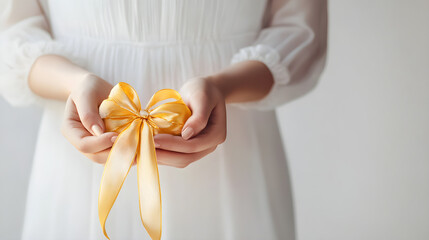 Elegant Woman Holding Yellow Ribbon Bow &ndash; Symbolic Gesture of Hope and Awareness