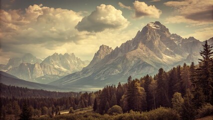 Obraz premium Vintage Style Mountain Drawing: Captivating Hand-Illustrated Landscape with Ethereal Clouds and Timeless Charm, Perfect for Nature Lovers and Art Enthusiasts
